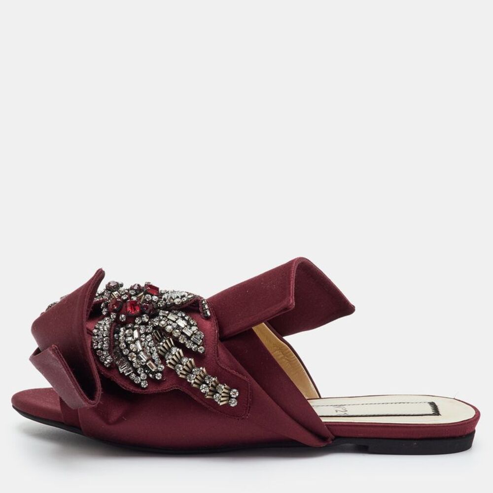 N21 Knot Size 37 Burgundy Satin Crystal Embellished Flat Mules